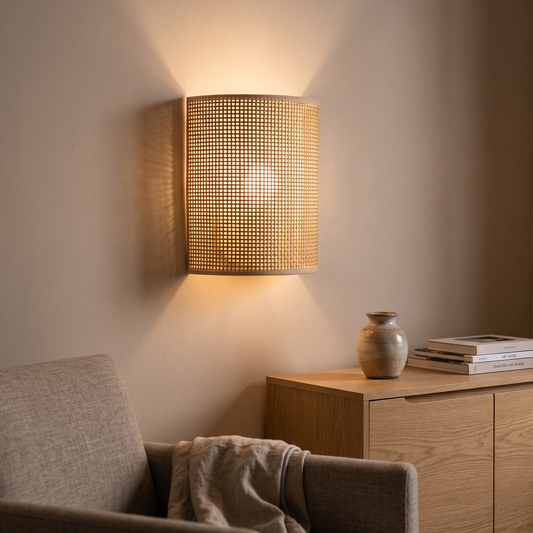 Woven cane-style wall light glowing above an oak sideboard