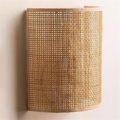 Woven cane-style half cylinder wall light