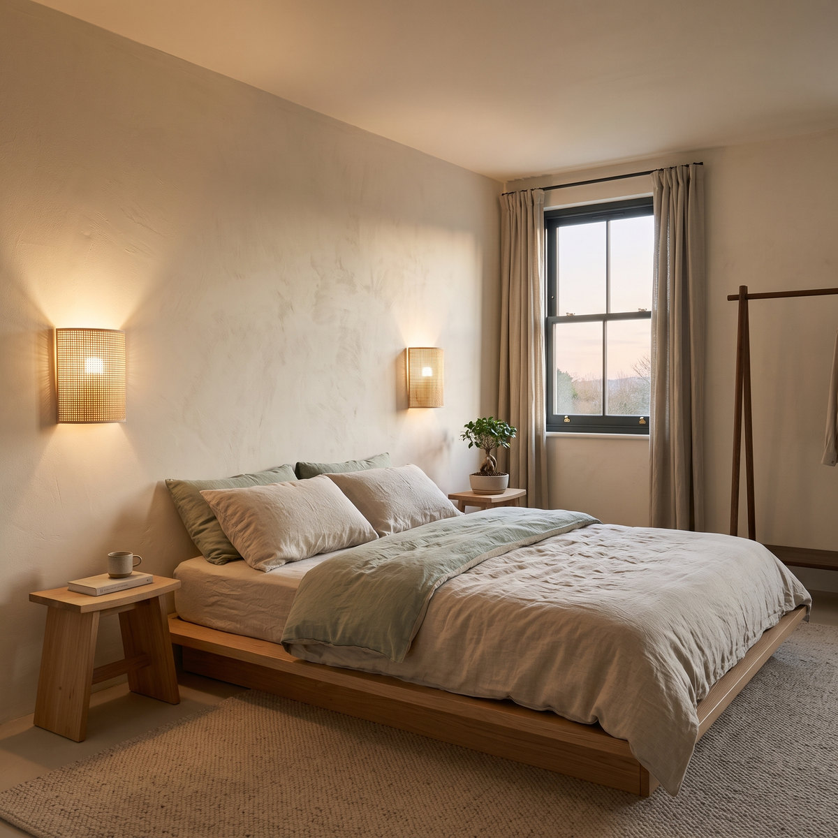 Pair of woven cane-style wall lights either side of a bed