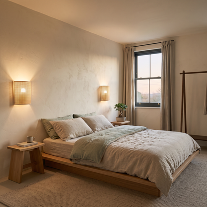 Pair of woven cane-style wall lights either side of a bed