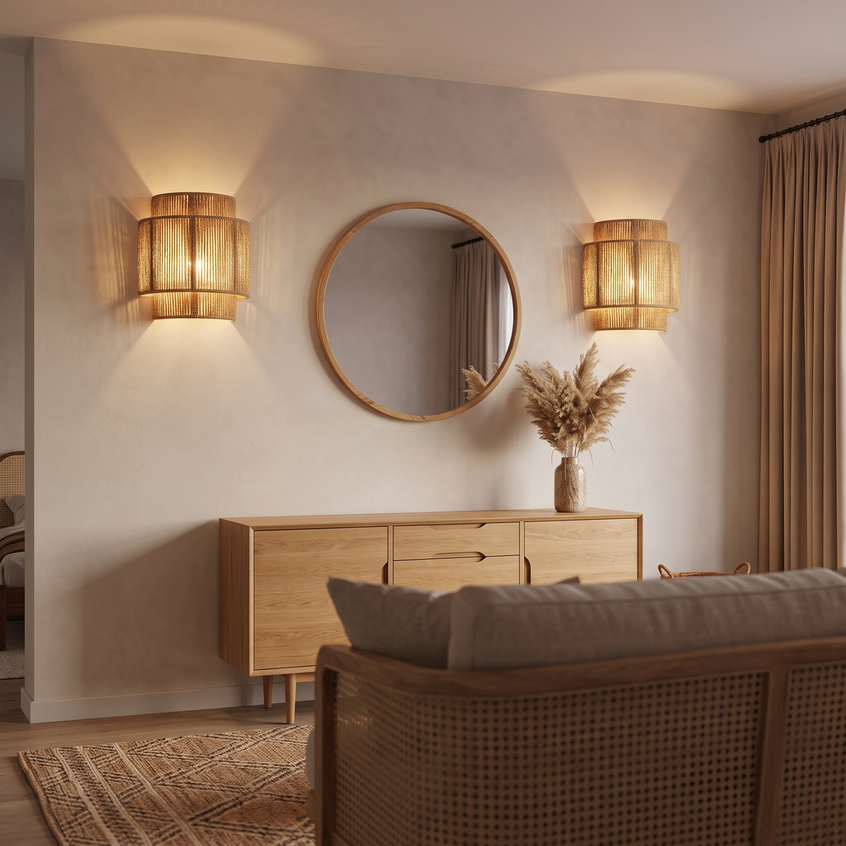 Pair of tiered rope wall lights either side of a round mirror