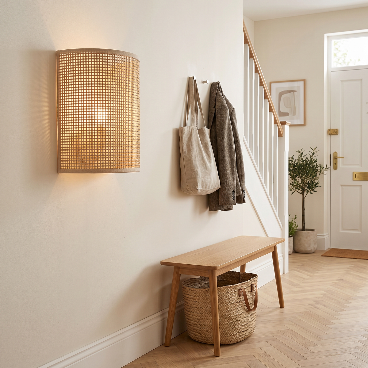 Woven cane-style wall light in a hallway above an oak bench