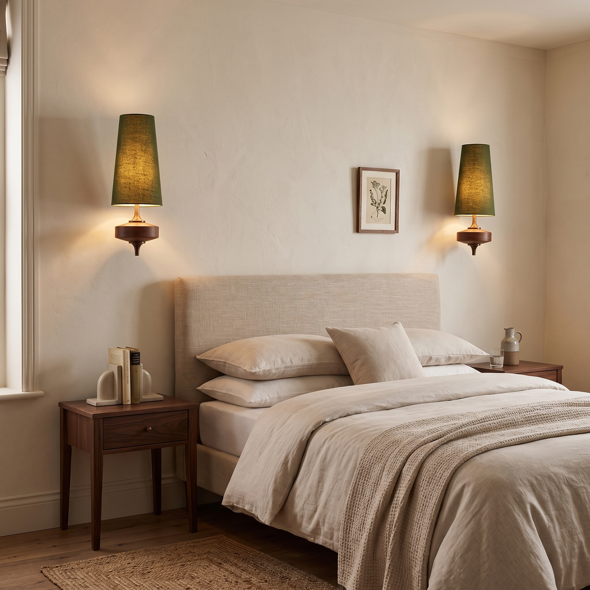 Pair of green fabric wall lights either side of a bed