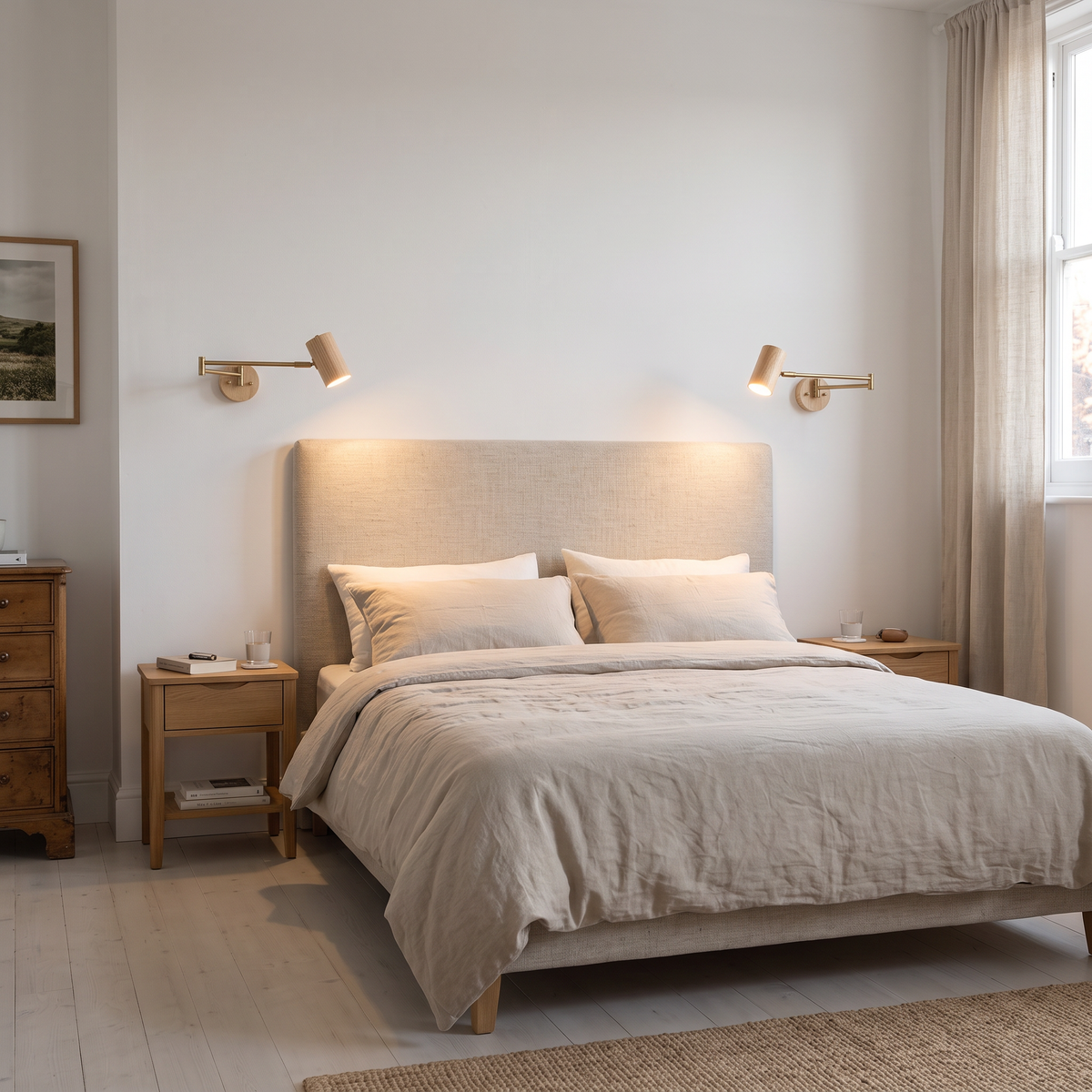 Pair of natural wood swing arm wall lights either side of a bed