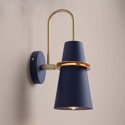 Deep blue Nordic cone wall light with brass ring, studio product photo