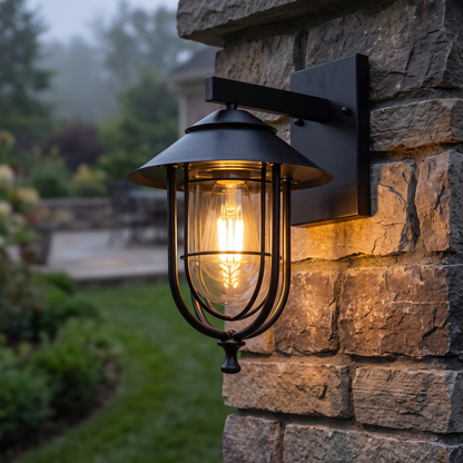 Black cage outdoor wall lantern 29cm on a stone pillar, close-up