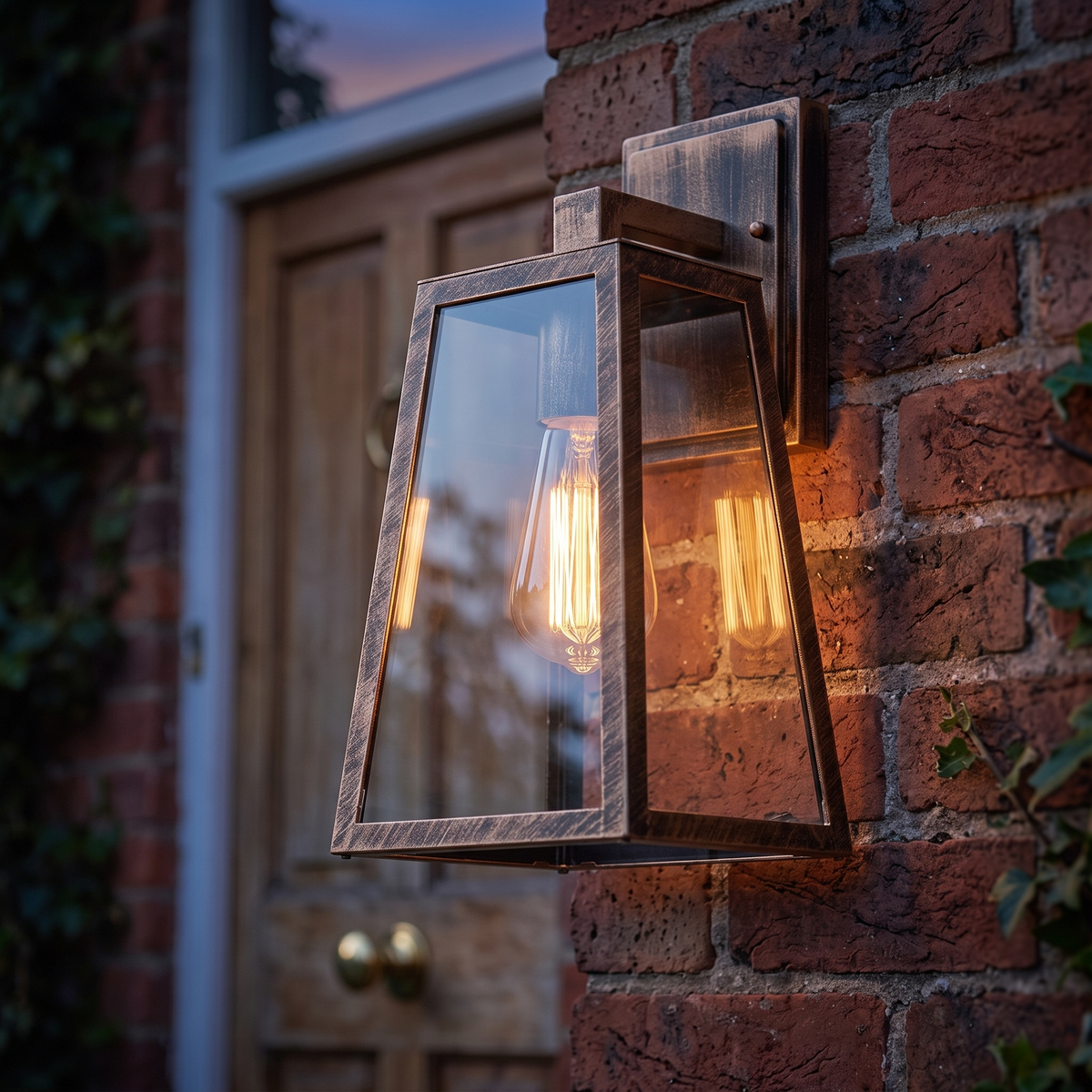 Bronze tapered outdoor wall lantern 35cm on a brick wall, close-up