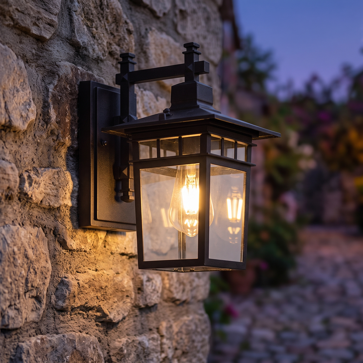 Black pavilion outdoor wall lantern 32cm on a stone cottage wall, close-up
