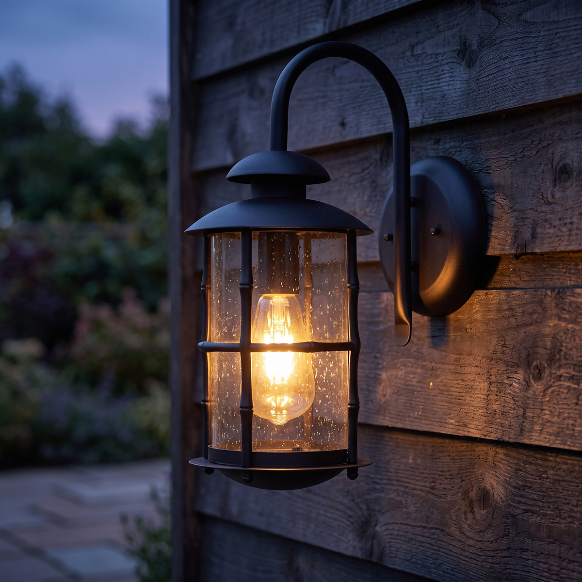 Black bamboo-detail outdoor wall lantern 41cm on a timber wall, close-up