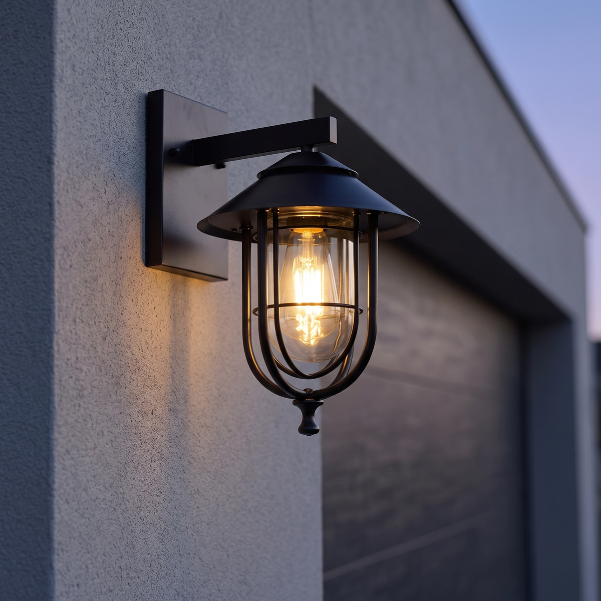 Black cage outdoor wall lantern 34cm beside a garage, close-up