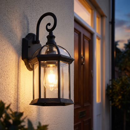 Black hexagonal outdoor wall lantern 40cm beside a front door, close-up