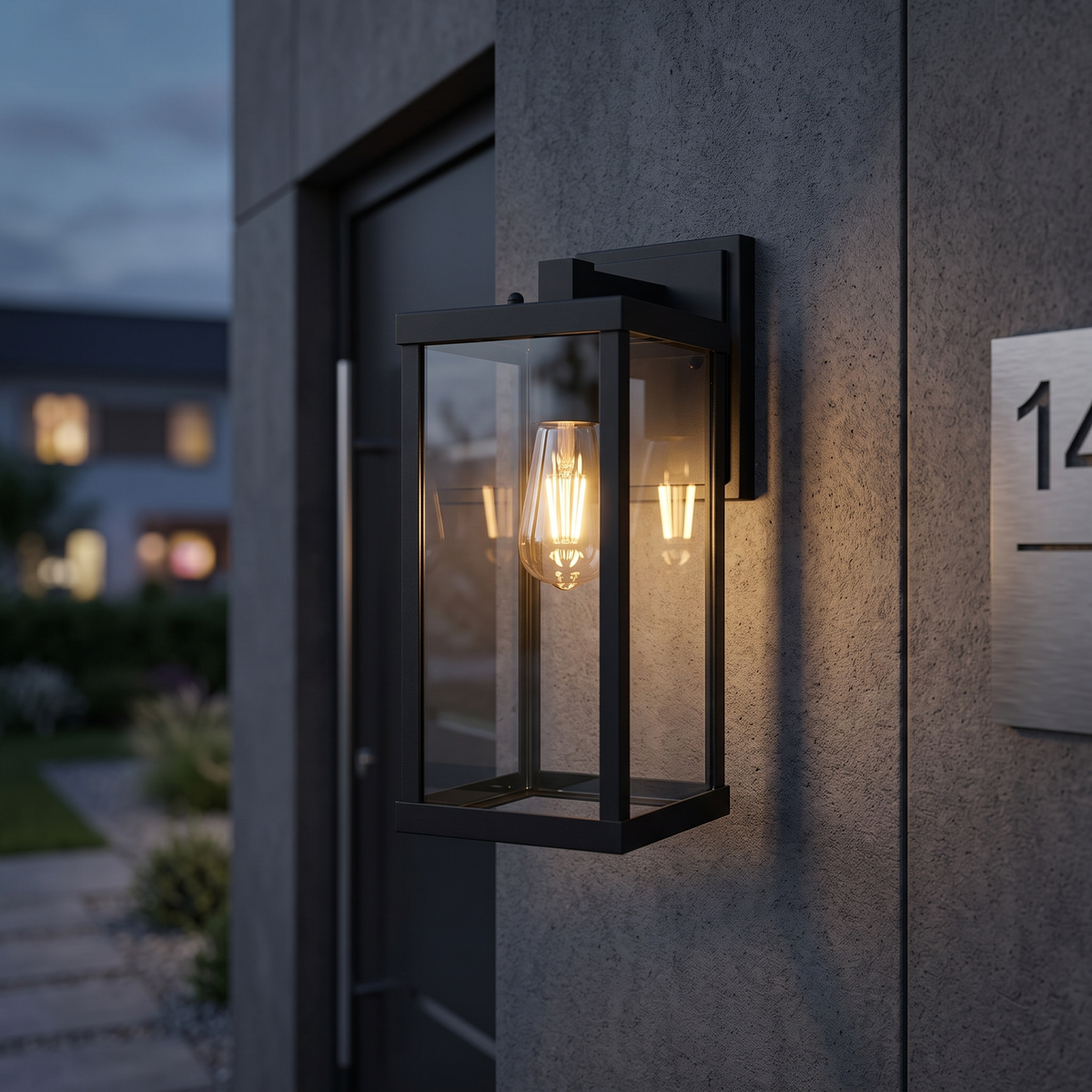 Modern black box lantern lit beside a front door at dusk, close-up