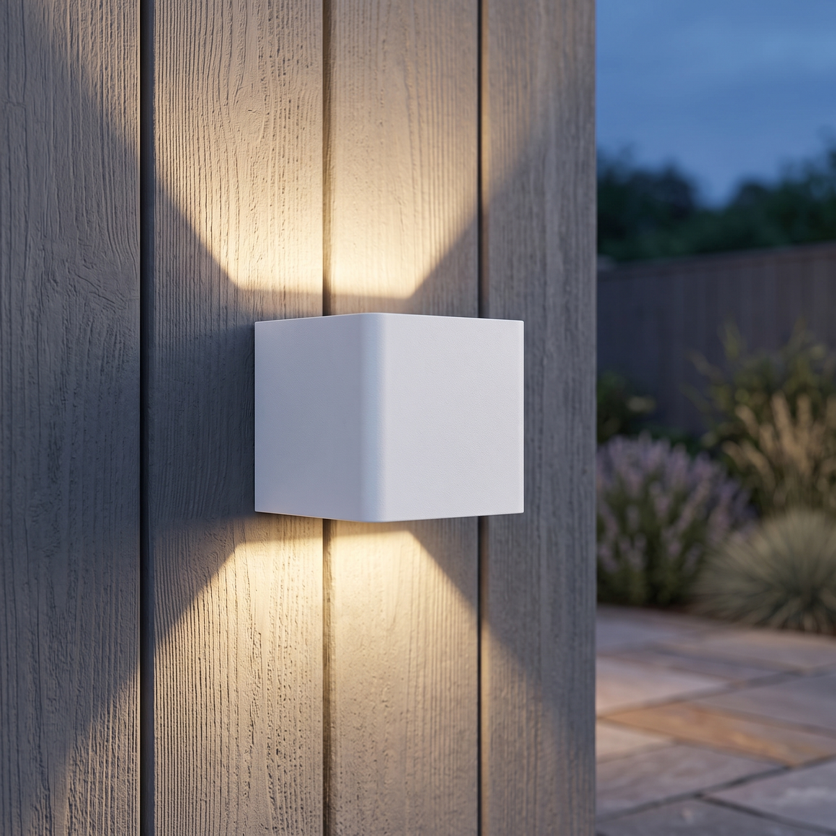 White rechargeable up down fence light on a grey garden fence at dusk, close-up