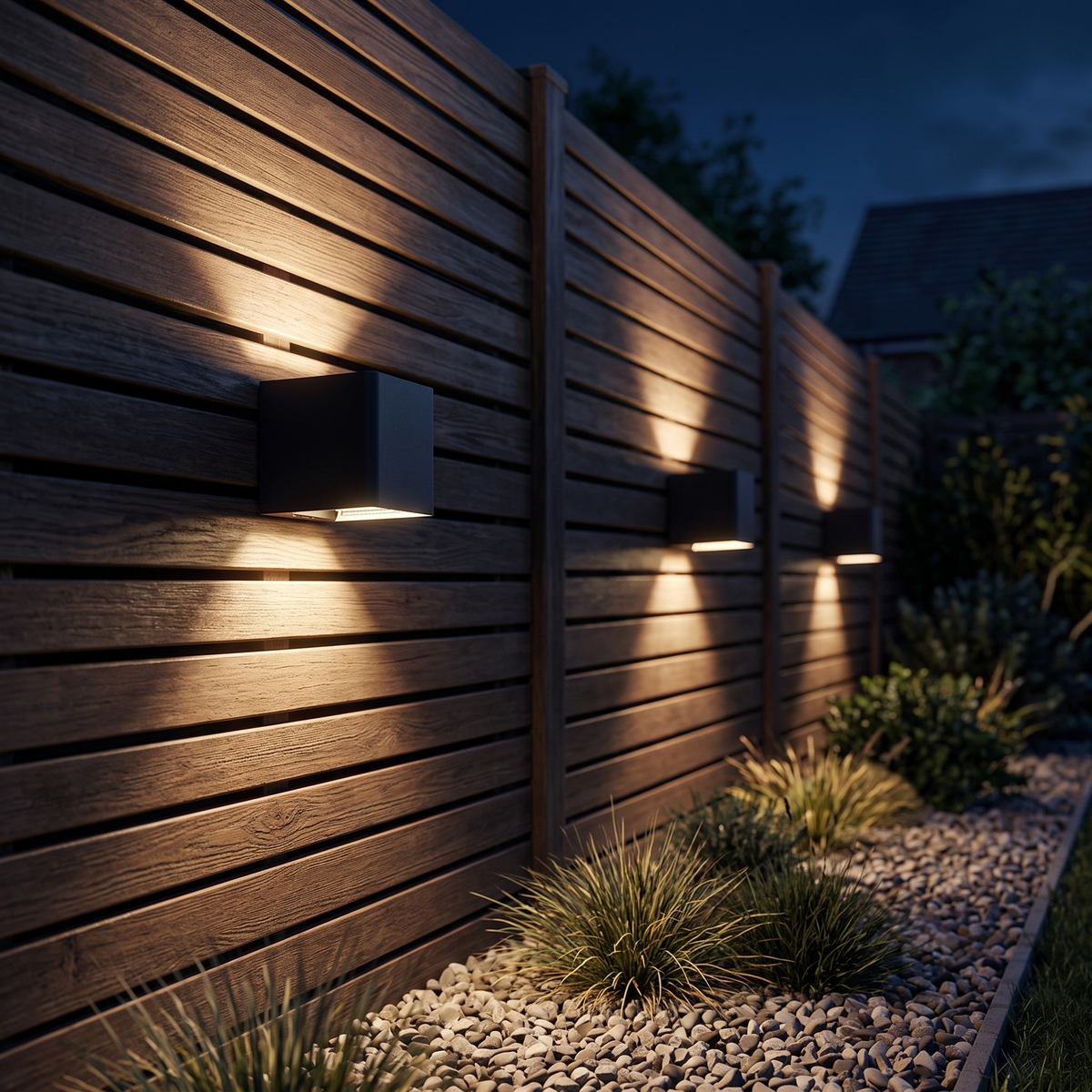Three black rechargeable up down fence lights along a slatted garden fence at night