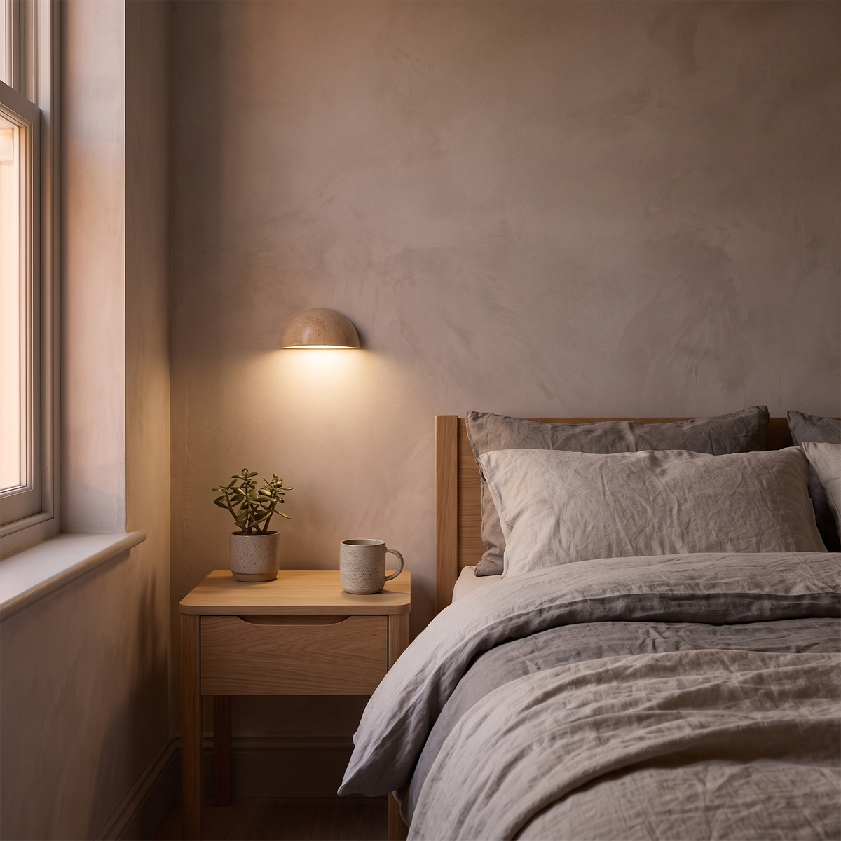 Half moon travertine wall light above a bedside table, light shining downwards