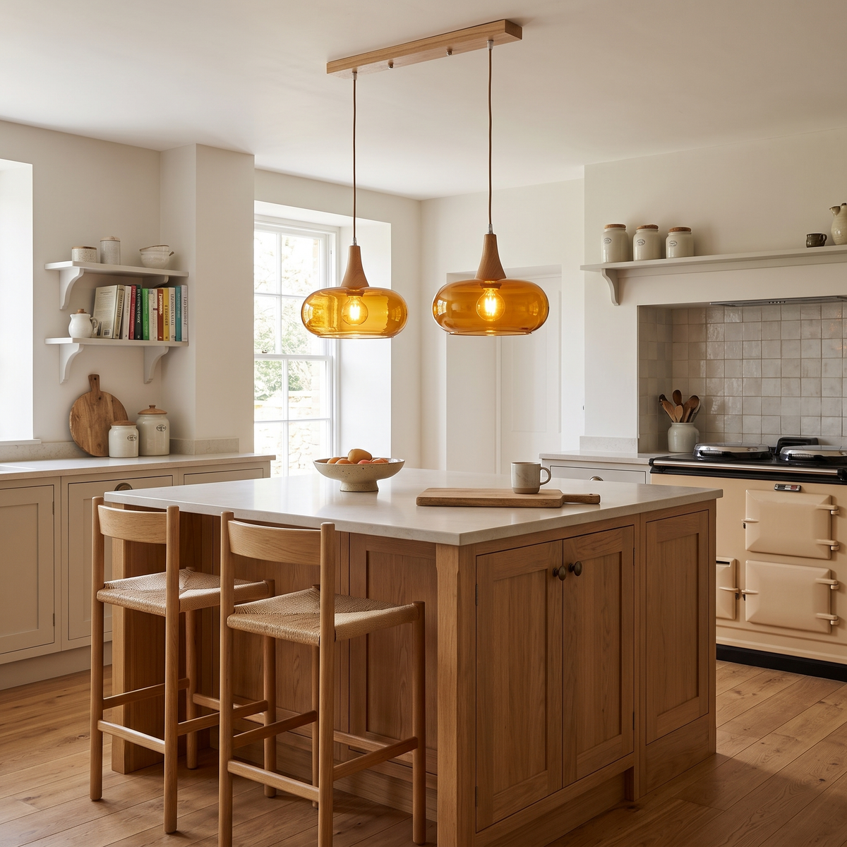 Nordic glass and wood double pendant light – Amber – two shades on a wooden bar over a kitchen island