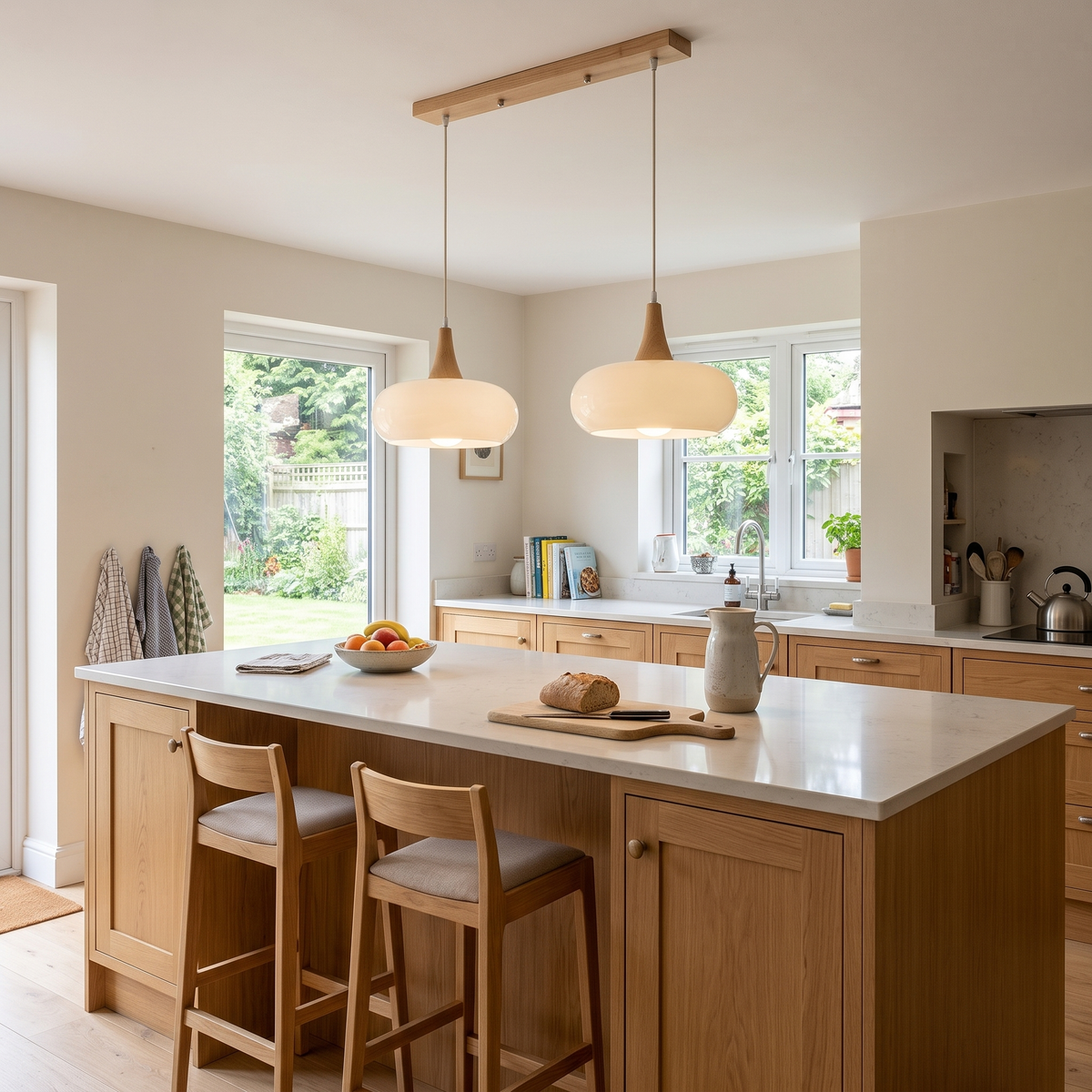 Nordic glass and wood double pendant light – Milk White – two shades on a wooden bar over a kitchen island