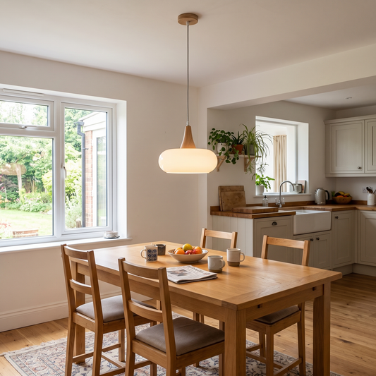 Nordic glass and wood pendant light – Milk White – single shade over a kitchen dining table