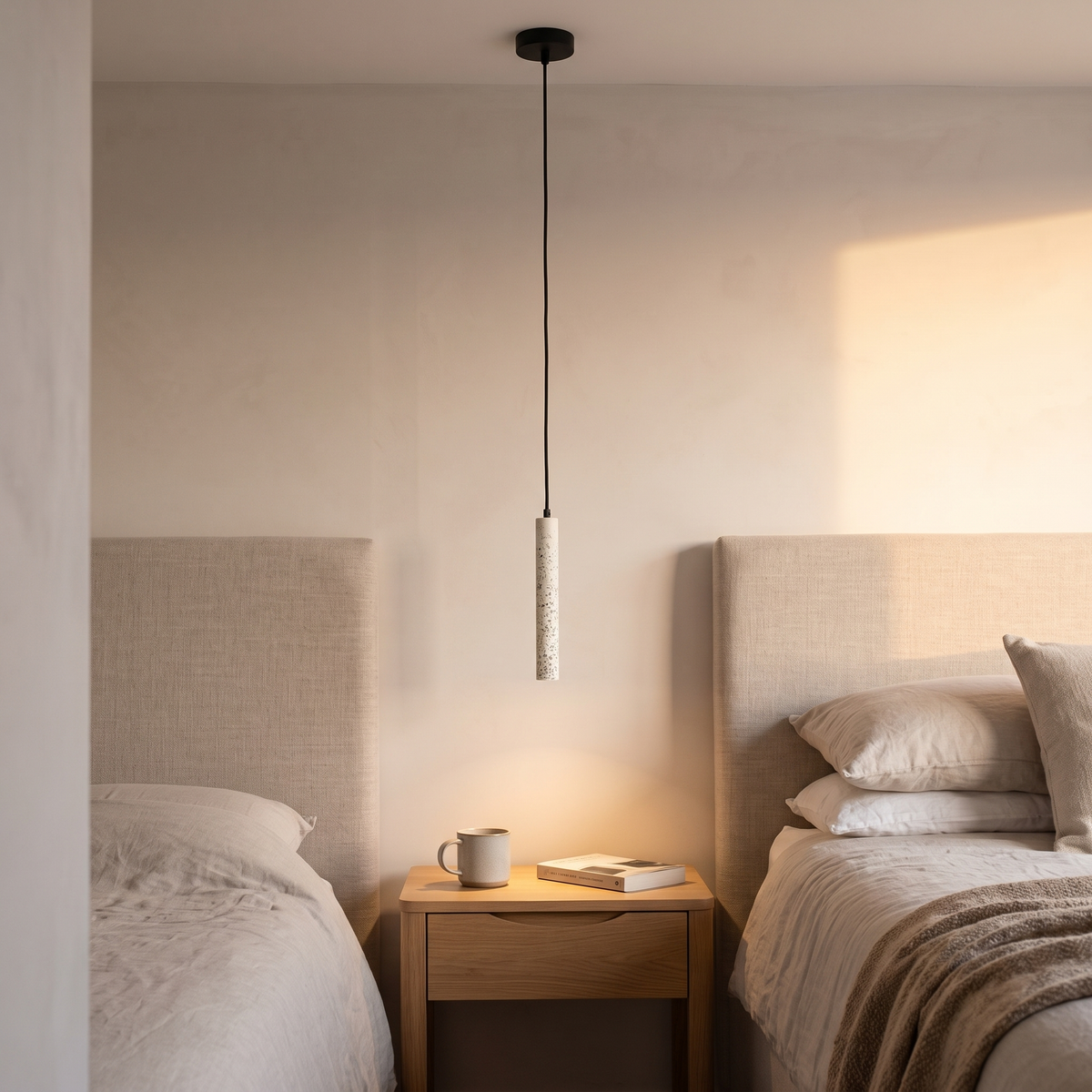 White terrazzo tube pendant light lit at a bedside