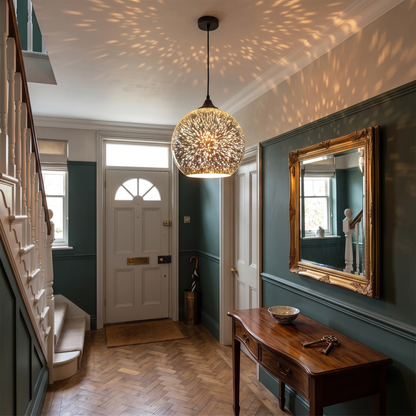 3D firework glass globe pendant in a hallway