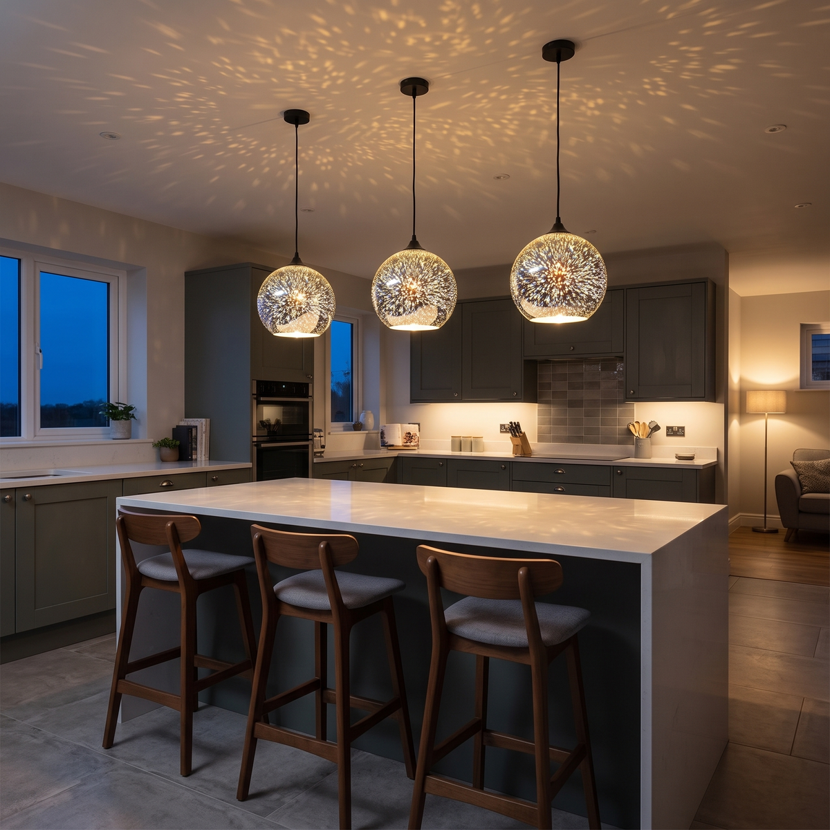 3D firework glass globe pendants over a kitchen island