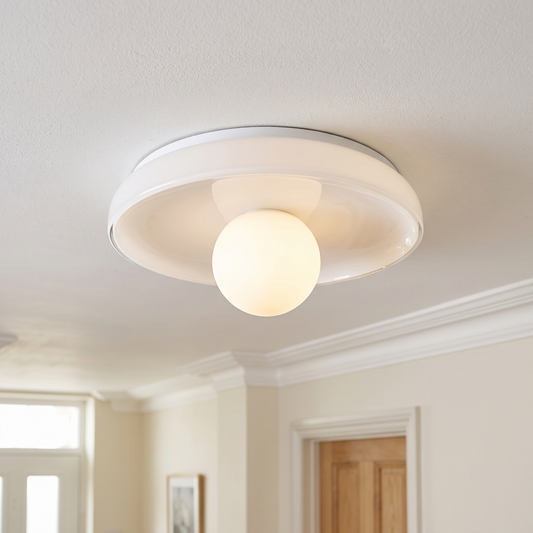 Bauhaus flush ceiling light, white glass