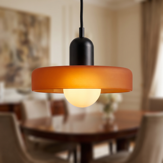 Bauhaus coloured glass pendant, orange glass with black cup