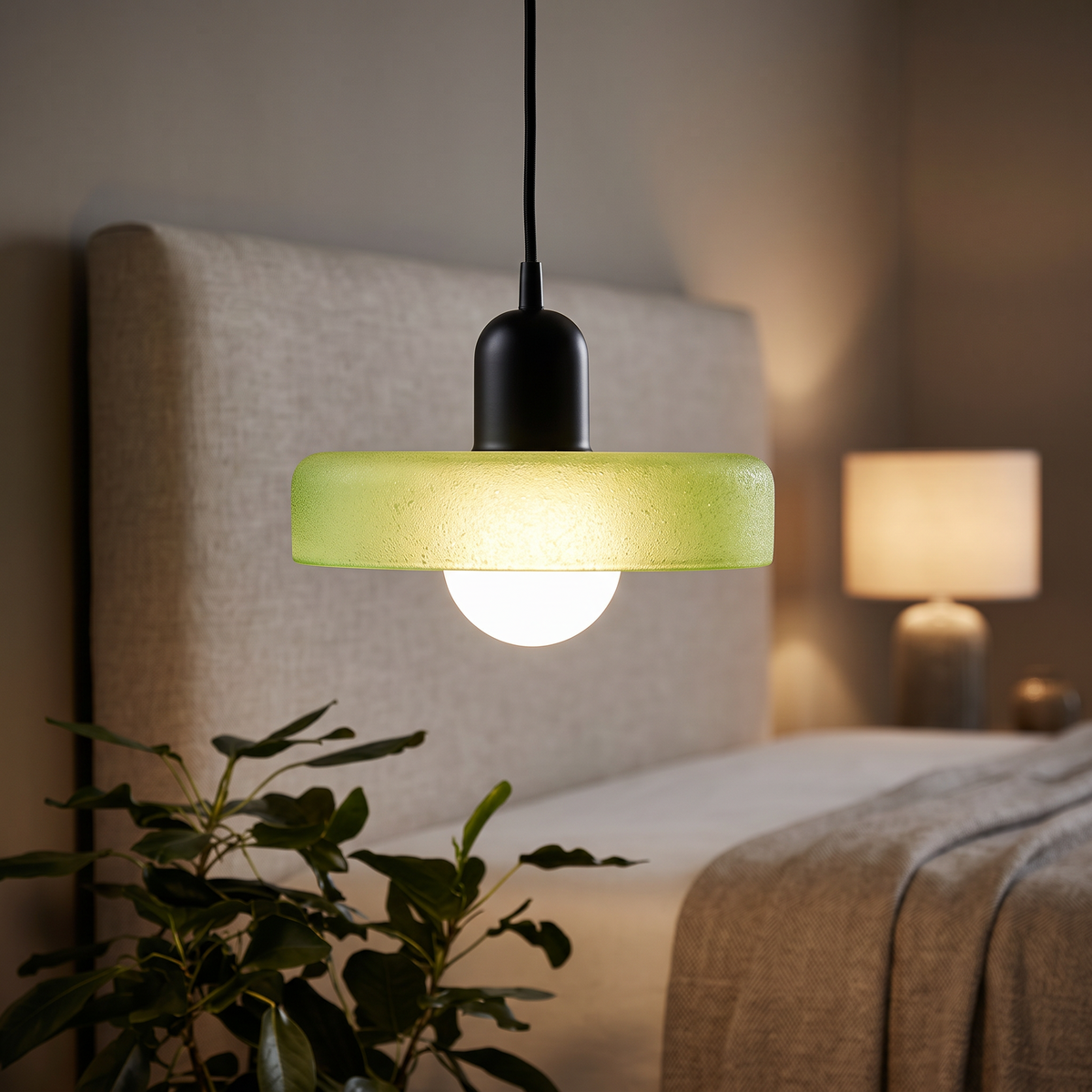 Bauhaus glass pendant, light green glass with black cup
