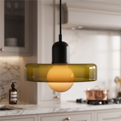 Bauhaus glass pendant, green glass with black cup