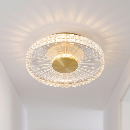 Small gold crystal-effect flush LED ceiling light, close-up on a hallway ceiling
