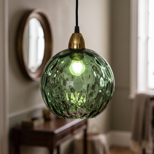 Dark green rippled glass globe pendant light, close-up in a hallway