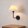 Wall Light | Pleated Fabric Shade Sconce with Curved Arm for Bedside, Bedroom & Living Room | Black or Brass, White or Apricot, E27