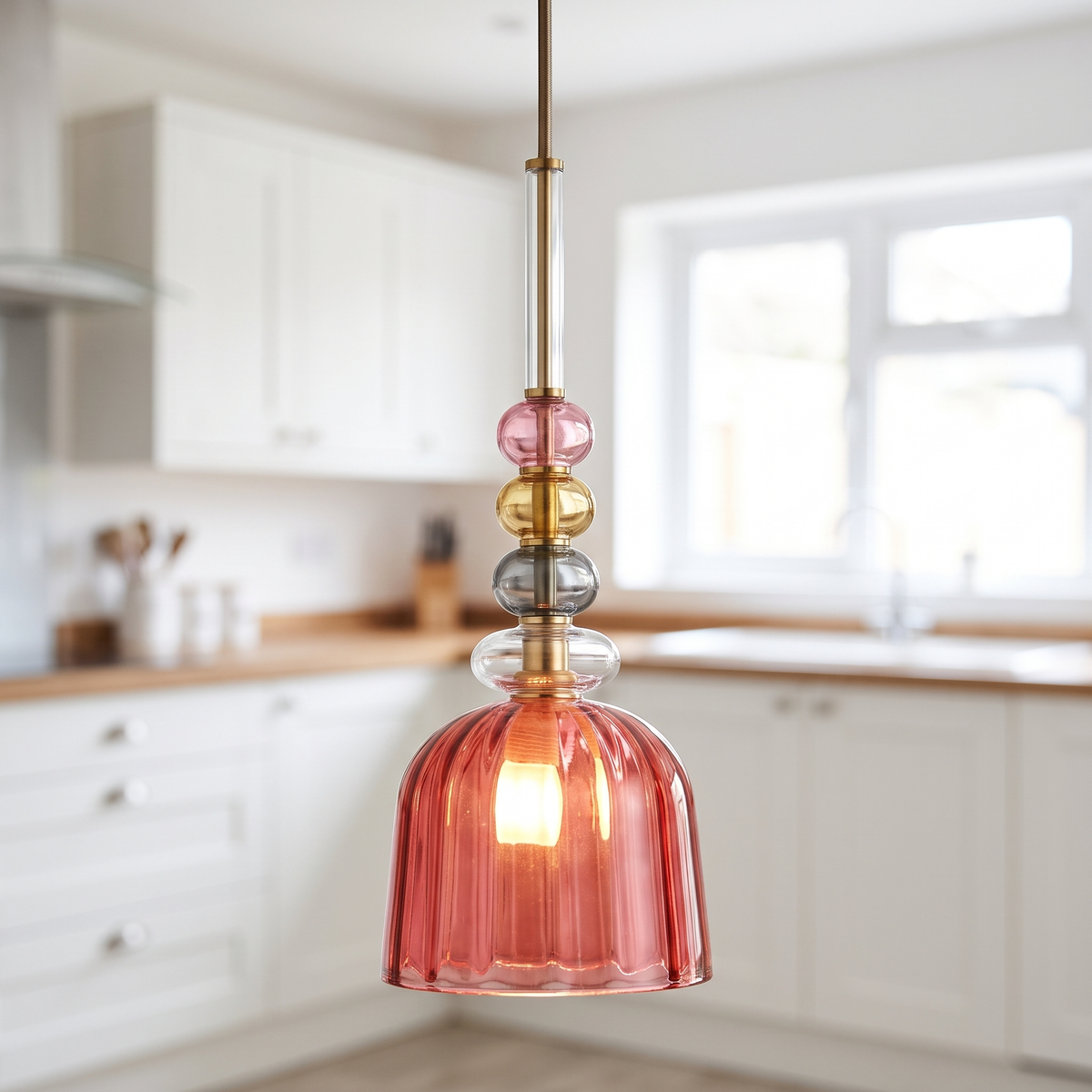 Red ribbed glass mini pendant light, close-up in a kitchen