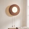 Wall Light | Walnut-Finish Wood Disc Sconce with Pull Cord Switch for Bedside, Hallway & Reading Nook | Opal Glass Globe, Warm LED, 20cm