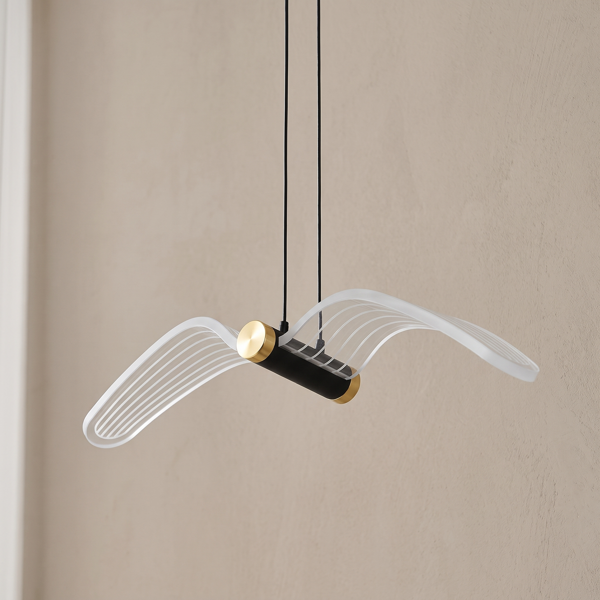 LED bird pendant light switched off, side view showing the curved acrylic wings