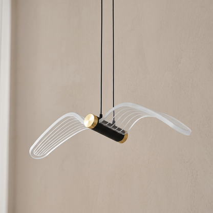 LED bird pendant light switched off, side view showing the curved acrylic wings