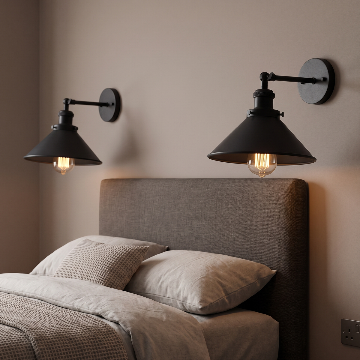 Pair of matte black industrial cone wall lights either side of a bed