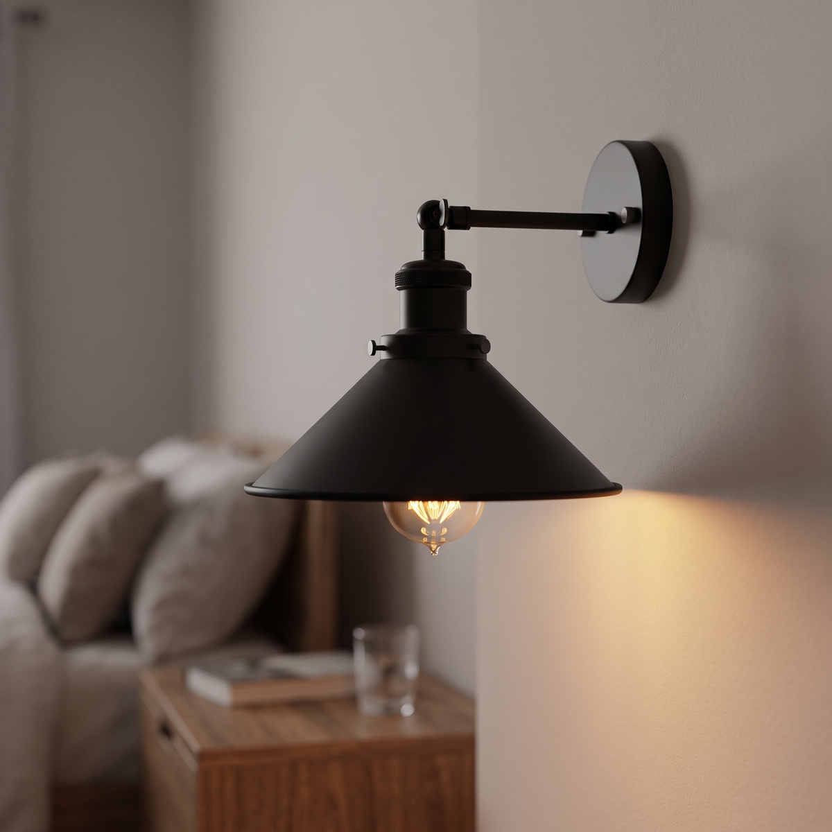 Matte black industrial cone wall light lit above a bedside table