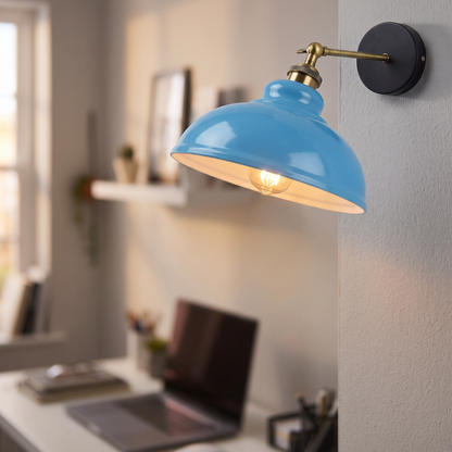 Vintage industrial dome wall light in blue above a home office desk