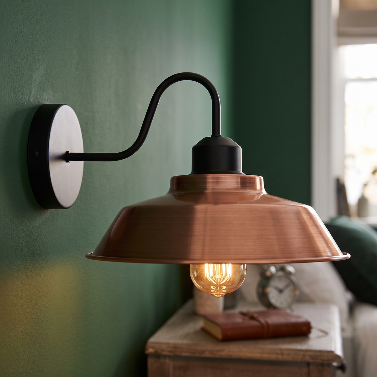 Gooseneck barn wall light with copper dome shade, lit above a bedside table