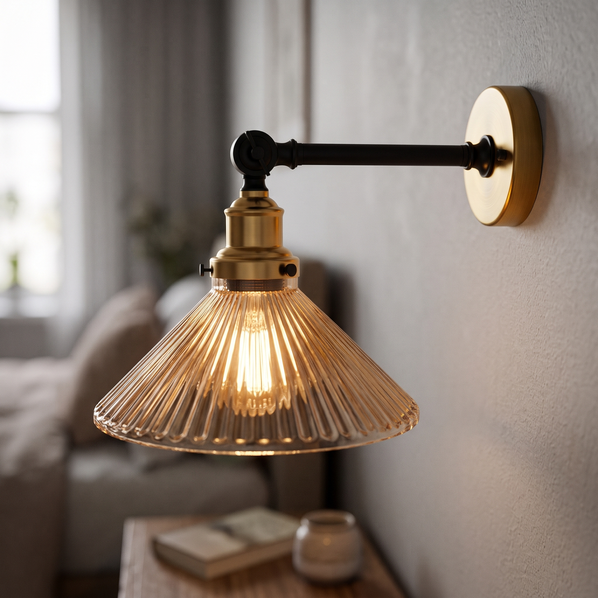 Ribbed amber glass cone wall light with brass holder, lit above a bedside table