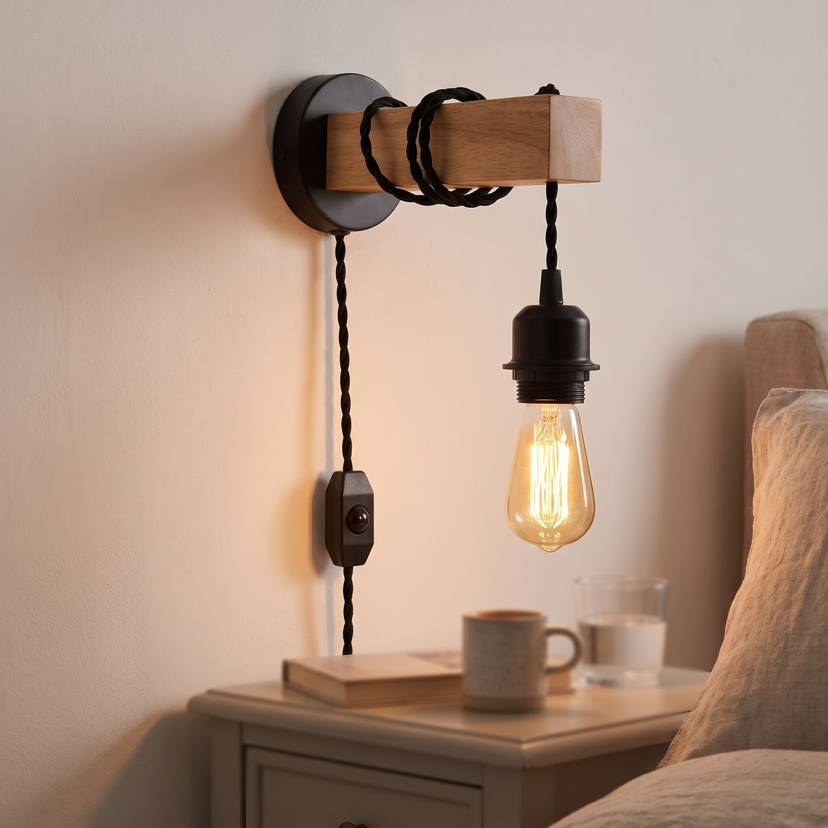 Plug-in wooden block wall light with rope cable and lit filament bulb beside a bed