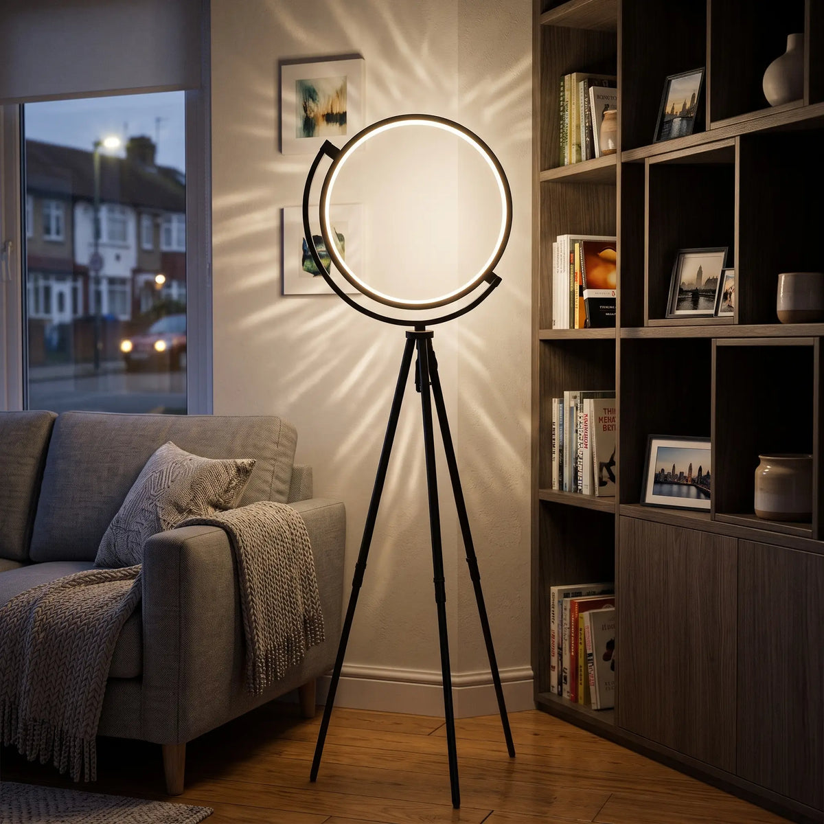 LED ring corner floor lamp in a living room corner