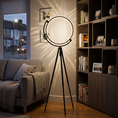 LED ring corner floor lamp in a living room corner