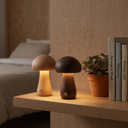 Beech and walnut wooden mushroom lamps on a bedroom shelf