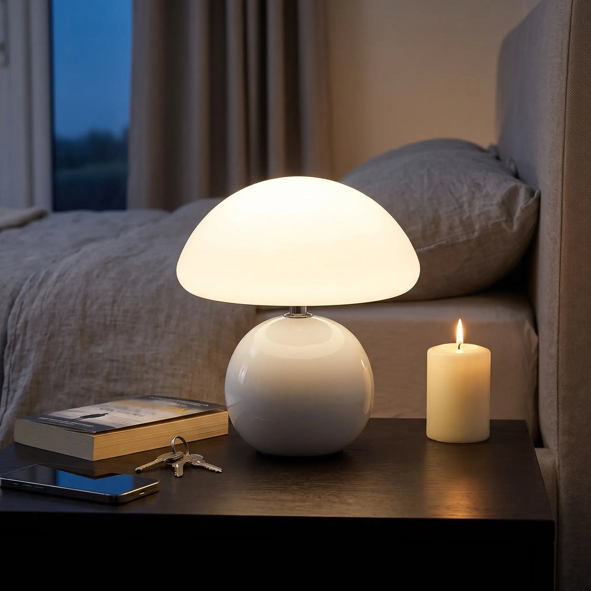White ceramic mushroom table lamp on a nightstand