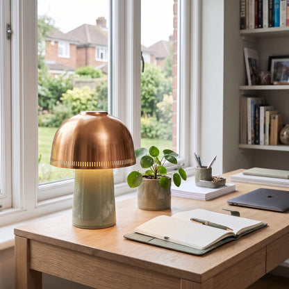 Sage green ceramic table lamp with copper dome shade on a desk