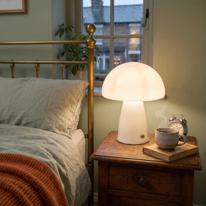 White opal glass mushroom table lamp on a bedside table