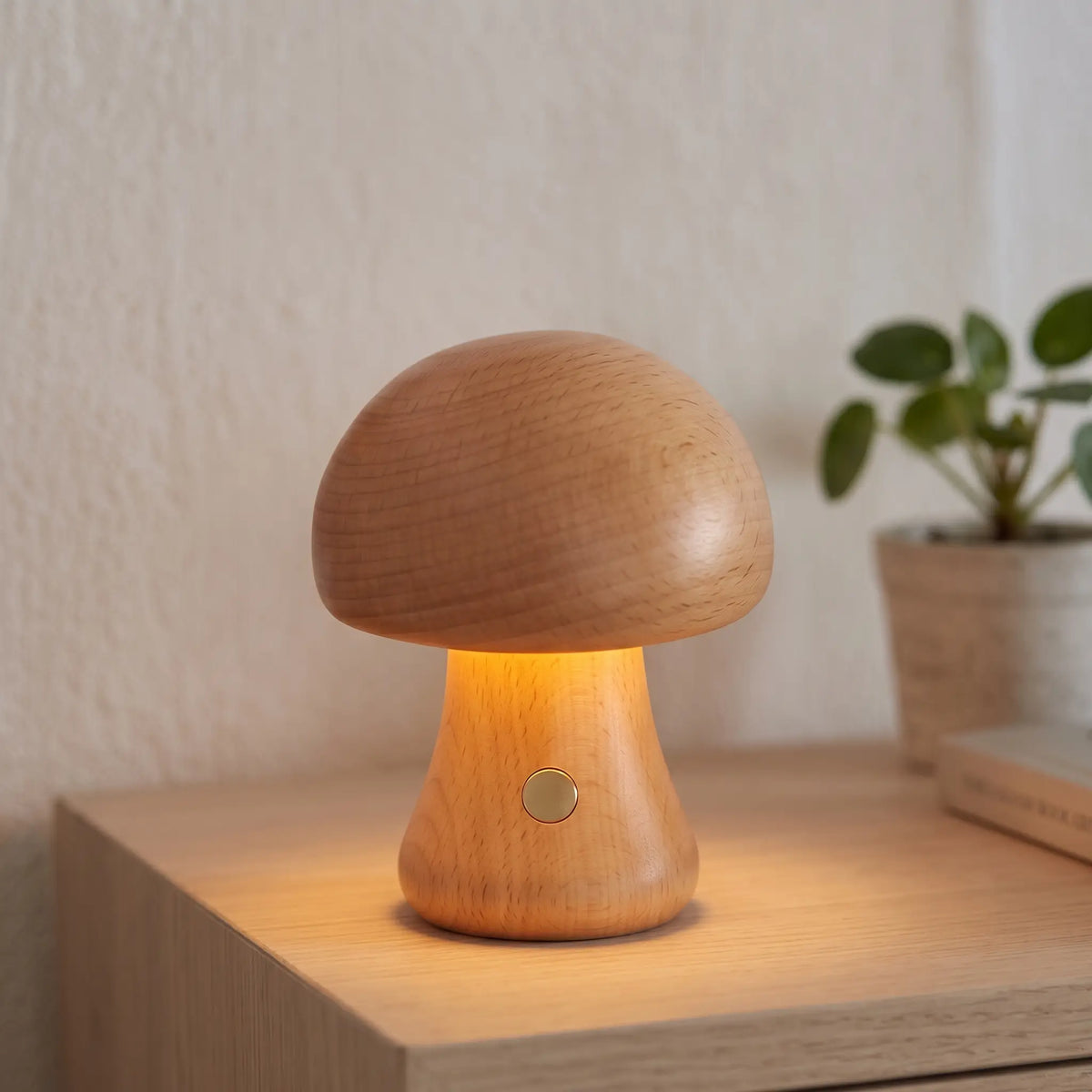 Small beech wooden mushroom lamp on a bedside shelf