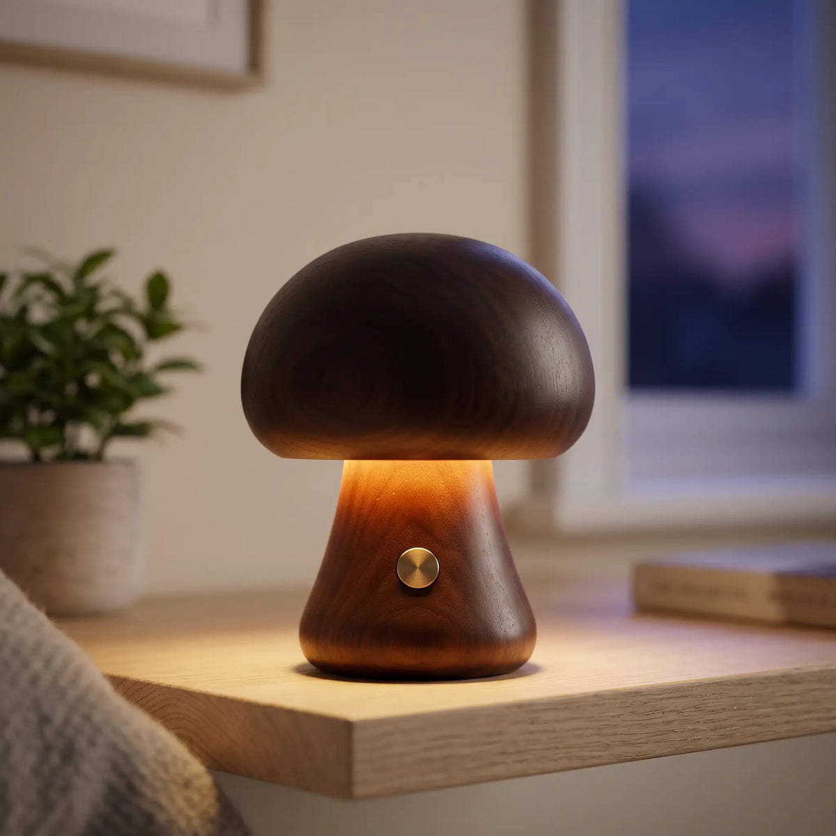 Small walnut wooden mushroom lamp on a bedside shelf